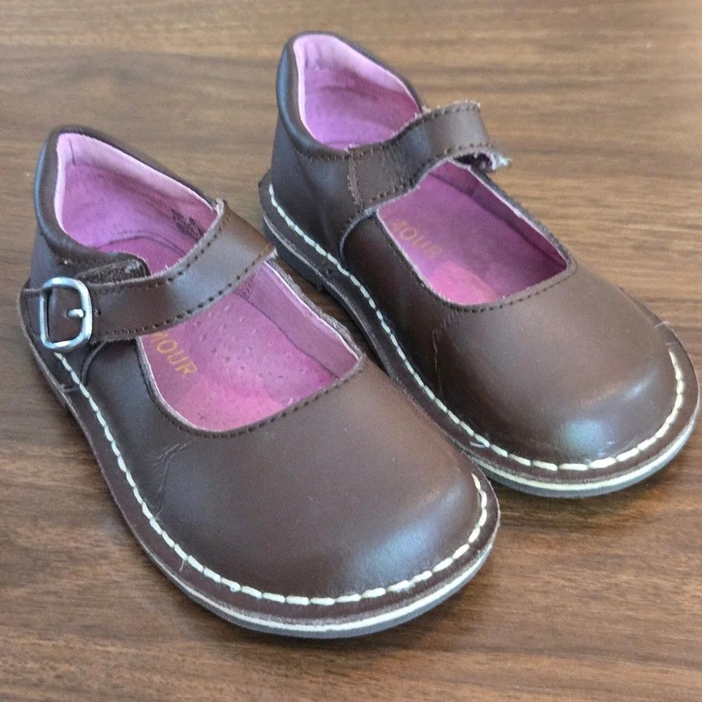 L'Amour Girls Brown Leather Mary Jane Shoes Buckle Strap Pink Insole Size 8